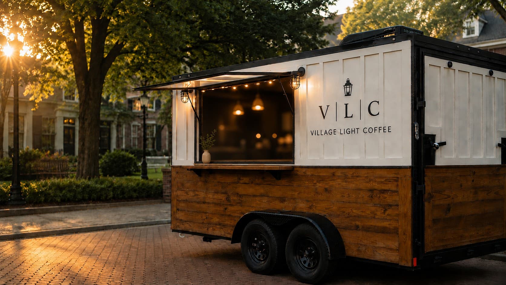The Village Light Coffee trailer at golden hour, string lights glowing under its open awning on a brick courtyard